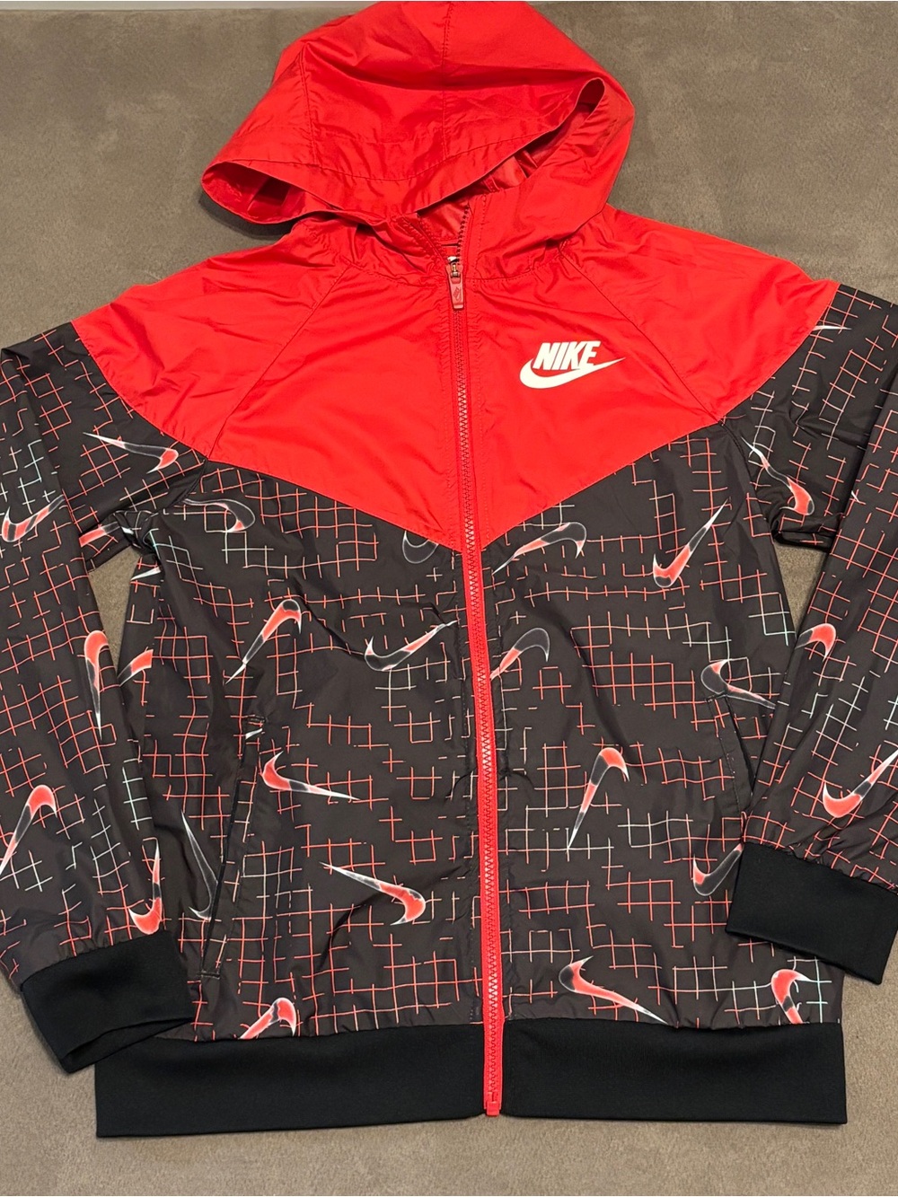 Nike Kids Red and Black Hooded Rain Jacket with Swoosh Print